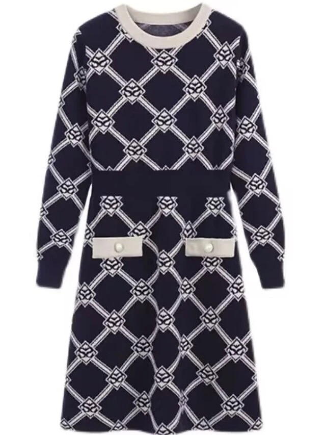 Women's Jumper Dress Knit Dress Midi Dress Daily Houndstooth Casual Daily Turtleneck Long Sleeve Patchwork 2023 Regular Fit Blue One Size 3 Women's Jumper Dress Knit Dress Midi Dress Daily Houndstooth Casual Daily Turtleneck Long Sleeve Patchwork 2023 Regular Fit Blue One Size - Image 3