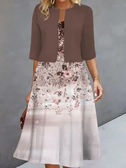 Women's Two Piece Dress Set Casual Dress Print Dress Outdoor Daily Fashion Elegant Print Midi Dress V Neck Half Sleeve Floral Loose Fit Blue Brown Green Fall Winter S M L XL XXL -Party Prom Dresses Sales Store ohllbo1693213831391