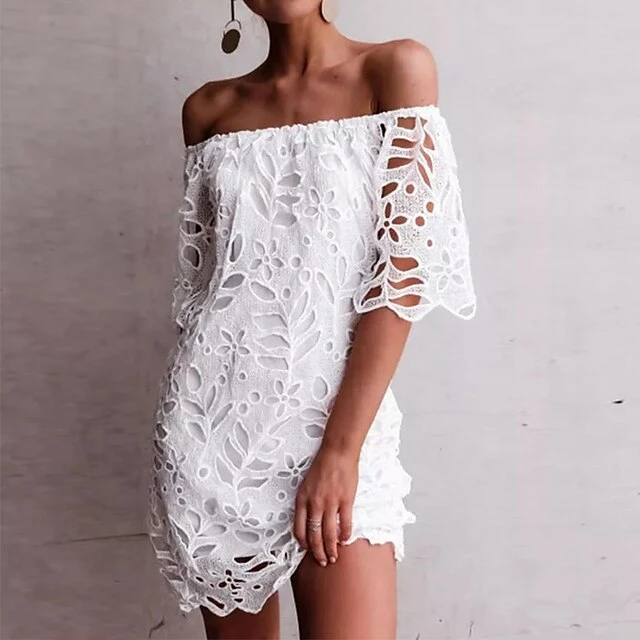Women‘s Party Dress Wedding Guest Dress Shift Dress White Dress Mini Dress White Half Sleeve Pure Color Lace Fall Spring Autumn Off Shoulder Elegant 2023 S M L XL XXL 2 Women‘s Party Dress Wedding Guest Dress Shift Dress White Dress Mini Dress White Half Sleeve Pure Color Lace Fall Spring Autumn Off Shoulder Elegant 2023 S M L XL XXL - Image 2