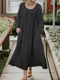Women's Casual Dress Cotton Linen Dress Swing Dress Maxi Long Dress Linen / Cotton Blend Fashion Classic Outdoor Daily Vacation Crew Neck Ruched Pocket Long Sleeve Summer Spring Fall 2023 Loose Fit -Party Prom Dresses Sales Store oibrtg1689325388856