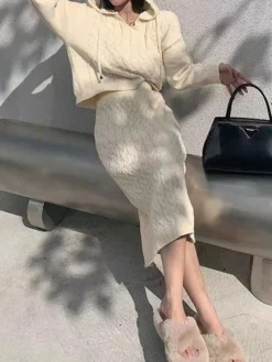 Women's Two Piece Dress Set Casual Dress Skirt Set Outdoor Daily Fashion Streetwear Patchwork Midi Dress Hooded Long Sleeve Plain Loose Fit Black Khaki Apricot Fall Winter One-Size -Party Prom Dresses Sales Store oijxic1695722087412