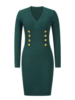 Women's Sweater Dress Jumper Dress Casual Dress Midi Dress Active Plain Outdoor Casual Holiday Vacation V Neck Long Sleeve Button 2023 Regular Fit Black Red Green S M L XL XXL -Party Prom Dresses Sales Store oirrsl1697537837282