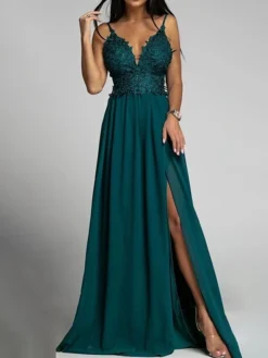 Women's Prom Dress Party Dress Lace Dress Long Dress Maxi Dress Pink Green Sleeveless Pure Color Lace Summer Spring Spaghetti Strap Party Birthday Wedding Guest Vacation 2023 S M L XL 2XL -Party Prom Dresses Sales Store ojalxd1676886524062