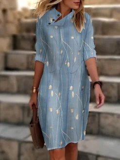 Women's Casual Dress Cotton Linen Dress Shift Dress Midi Dress Polyester Fashion Casual Daily Outdoor Daily Vacation Turtleneck Button Print 3/4 Length Sleeve Summer Spring Fall 2023 Loose Fit Black -Party Prom Dresses Sales Store ojxslt1691561575519