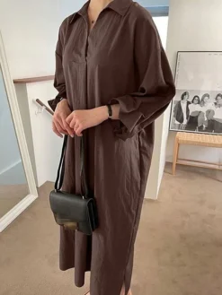 Women's Shirt Dress Casual Dress Cotton Linen Dress Maxi Long Dress Linen / Cotton Blend Basic Classic Outdoor Daily Vacation Shirt Collar Button Split Long Sleeve Spring Fall Autumn 2023 Loose Fit -Party Prom Dresses Sales Store ojxyxw1692084355233