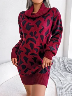 Women's Sweater Dress Jumper Dress Casual Dress Mini Dress Fashion Leopard Outdoor Daily Going Out Turtleneck Long Sleeve 2023 Loose Fit Black Wine Khaki S M L -Party Prom Dresses Sales Store okqail1694756288246