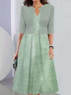 Women's Two Piece Dress Set Casual Dress Tank Dress Outdoor Daily Fashion Streetwear Pocket Print Midi Dress V Neck 3/4 Length Sleeve Stripe Regular Fit Pink Blue Sky Blue Summer Spring S M L XL XXL -Party Prom Dresses Sales Store okqbki1690441716010