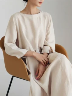 Women's Cotton Linen Dress Casual Dress Swing Dress Maxi Long Dress Cotton Blend Basic Classic Outdoor Daily Crew Neck Pocket Smocked Long Sleeve Summer Spring Fall 2023 Loose Fit Black Yellow Green -Party Prom Dresses Sales Store olfudn1673850088793