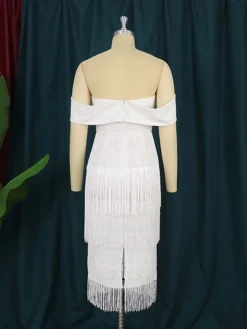 Women‘s Christmas Prom Dress Party Dress Fringe Dress Midi Dress White Green Rose Short Sleeve Pure Color Tassel Fringe Fall Winter Autumn Off Shoulder Fashion Vacation 2023 S M L XL XXL 3XL 4XL -Party Prom Dresses Sales Store oljvbc1694503330537