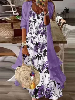 Women's Two Piece Dress Set Casual Dress Print Dress Outdoor Daily Fashion Casual Print Maxi Dress V Neck Half Sleeve Leaf Floral Regular Fit Blue Purple Summer Spring S M L XL XXL -Party Prom Dresses Sales Store olokaf1680606497164