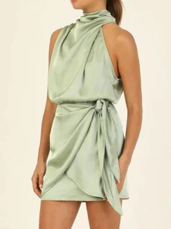 Women's Party Dress Homecoming Dress Cocktail Dress Mini Dress Black Champagne Light Green Sleeveless Pure Color Lace Up Spring Fall Winter Halter Neck Fashion Wedding Guest Birthday Vacation Loose -Party Prom Dresses Sales Store ommzky1693535340732