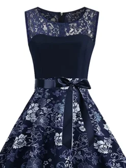 Women's Elegant Retro Vintage Tea Dresses Swing Dress Midi Dress Party Birthday Lace Bow Floral Crew Neck Sleeveless Regular Fit Spring Summer 2023 Dark Blue S M L XL -Party Prom Dresses Sales Store omslrt1676600511166