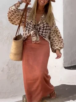 Women's Two Piece Dress Set Casual Dress Skirt Set Outdoor Daily Fashion Streetwear Lace Up Print Long Dress Maxi Dress V Neck Long Sleeve Floral Regular Fit Pink Spring Fall S M L XL XXL -Party Prom Dresses Sales Store onbpfi1692090041138