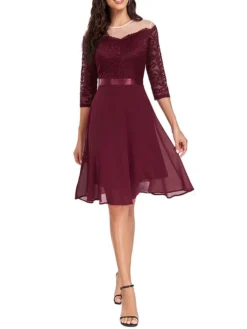 Women's Party Dress Lace Dress Cocktail Dress Midi Dress Black Wine Navy Blue 3/4 Length Sleeve Pure Color Lace Spring Fall Winter Crew Neck Fashion Winter Dress Wedding Guest Vacation 2023 S M L XL -Party Prom Dresses Sales Store onfeor1692179548386