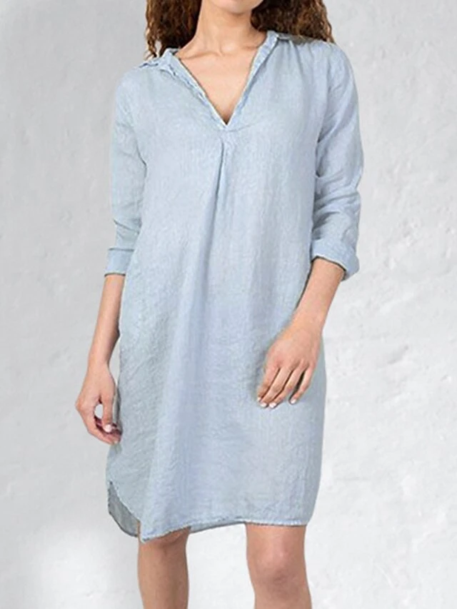 Women's Casual Dress Cotton Linen Dress Midi Dress Linen / Cotton Blend Fashion Basic Outdoor Daily Vacation Split Neck Pocket Split Long Sleeve Fall Winter Autumn 2023 Loose Fit Light Blue Plain S M 3 Women's Casual Dress Cotton Linen Dress Midi Dress Linen / Cotton Blend Fashion Basic Outdoor Daily Vacation Split Neck Pocket Split Long Sleeve Fall Winter Autumn 2023 Loose Fit Light Blue Plain S M - Image 3