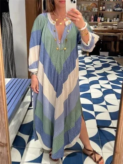 Women's Casual Dress A Line Dress Summer Dress Long Dress Maxi Dress Polyester Fashion Streetwear Outdoor Daily Date V Neck Pocket Split Long Sleeve Summer Spring Fall 2023 Regular Fit Blue Geometric -Party Prom Dresses Sales Store onmlno1682665938028