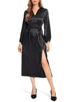 Women's Work Dress Satin Dress Black Dress Fashion Midi Dress Split V Neck Long Sleeve Plain Loose Fit Black Fall Winter S M L XL XXL -Party Prom Dresses Sales Store oocclo1693464443989