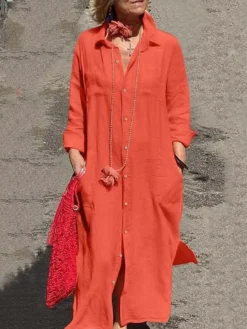 Women's Shirt Dress Casual Dress Cotton Linen Dress Maxi Long Dress Linen / Cotton Blend Fashion Daily Outdoor Daily Vacation Shirt Collar Button Pocket Long Sleeve Fall Autumn 2023 Loose Fit Blue -Party Prom Dresses Sales Store ooemcl1692960904909