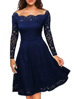 Women‘s Party Dress Homecoming Dress Lace Dress Midi Dress Black Wine Dusty Blue Long Sleeve Pure Color Lace Fall Spring Off Shoulder Elegant Winter Dress Wedding Guest 2023 -Party Prom Dresses Sales Store oofrrs1603105990265