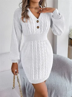 Women's Sweater Dress Winter Dress Jumper Dress Mini Dress Active Pure Color Outdoor Casual Holiday Vacation V Neck Long Sleeve Button 2023 Regular Fit White Pink Green S M L -Party Prom Dresses Sales Store opaadp1696926548388