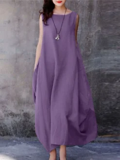 Women's Cotton Linen Dress Casual Dress Swing Dress Maxi Long Dress Cotton Blend Basic Casual Outdoor Daily Holiday Boat Neck Pocket Sleeveless Summer Spring 2023 Loose Fit Purple Brown Dark Blue -Party Prom Dresses Sales Store opbpti1657786319521