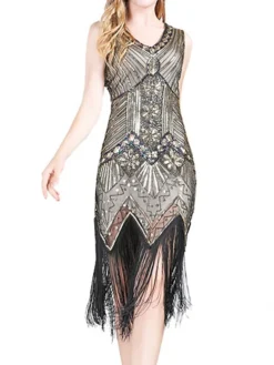 Women‘s Halloween Dress Retro 1920s Fringe Dress Midi Dress Party Outdoor Sequins Tassel Fringe Plain V Neck Sleeveless Regular Fit Summer Spring 2023 Claret Black S M L XL -Party Prom Dresses Sales Store opcvzt1677052186048