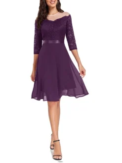 Women's Party Dress Lace Dress Cocktail Dress Midi Dress Black Wine Navy Blue 3/4 Length Sleeve Pure Color Lace Spring Fall Winter Crew Neck Fashion Winter Dress Wedding Guest Vacation 2023 S M L XL -Party Prom Dresses Sales Store opidux1692179552411