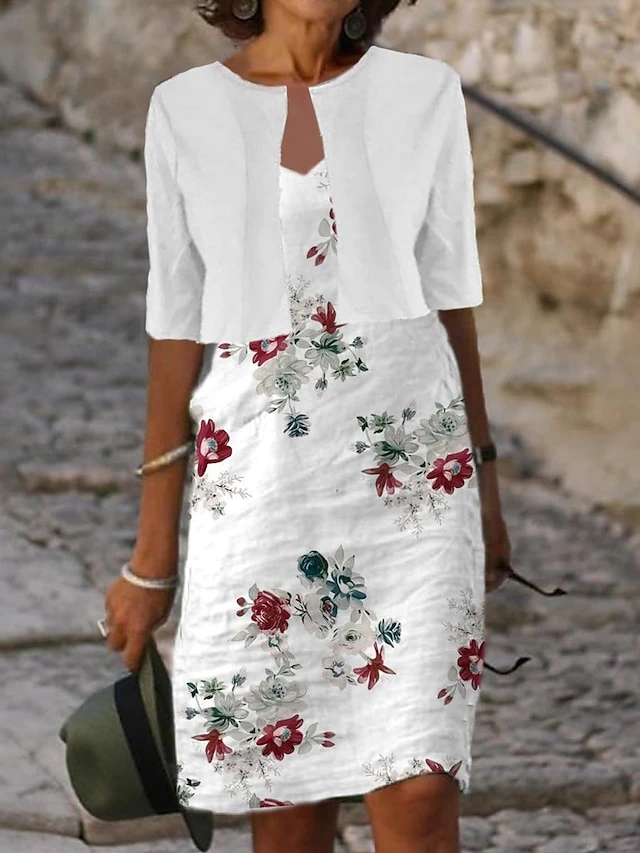 Women's Two Piece Dress Set Casual Dress Shift Dress Outdoor Daily Fashion Modern Print Midi Dress V Neck Half Sleeve Floral Loose Fit White Summer Spring S M L XL XXL 1 Women's Two Piece Dress Set Casual Dress Shift Dress Outdoor Daily Fashion Modern Print Midi Dress V Neck Half Sleeve Floral Loose Fit White Summer Spring S M L XL XXL