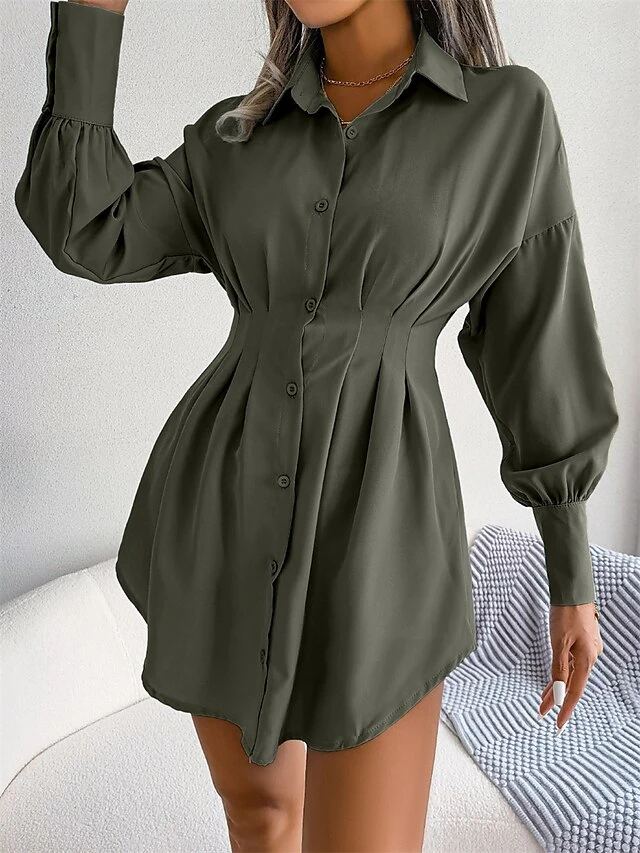 Women's Work Dress White Dress Semi Formal Dress Fashion Office Daily Workfashion Mini Dress Ruched Button Shirt Collar Long Sleeve Plain Loose Fit White Blue Army Green Fall Winter S M L XL 13 Women's Work Dress White Dress Semi Formal Dress Fashion Office Daily Workfashion Mini Dress Ruched Button Shirt Collar Long Sleeve Plain Loose Fit White Blue Army Green Fall Winter S M L XL - Image 13