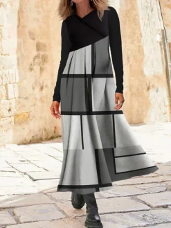 Women's Work Dress Casual Dress Swing Dress Fashion Winter Dress Daily Long Dress Maxi Dress Button Print V Neck Long Sleeve Geometric Plaid Regular Fit Pink Orange Green Fall Winter S M L XL XXL -Party Prom Dresses Sales Store oqiqar1695264758239