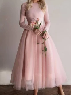 Women's Party Dress Homecoming Dress Swing Dress Midi Dress Black White Pink Long Sleeve Pure Color Mesh Winter Fall Spring Crew Neck Stylish Party Winter Dress Daily 2022 S M L XL -Party Prom Dresses Sales Store oqpvdx1637656738334