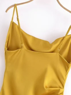 Women's Prom Dress Party Dress Satin Dress Midi Dress Yellow Pink Sleeveless Pure Color Ruched Fall Winter Autumn Spaghetti Strap Fashion Evening Party Vacation 2023 S M L -Party Prom Dresses Sales Store orisrs1695268636084