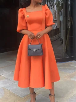 Women‘s Semi Formal Party Dress Wedding Guest Dress Satin Dress Swing Dress Midi Dress Yellow Blue Orange Half Sleeve Pure Color Ruched Winter Fall Square Neck 2023 S M L XL XXL 3XL