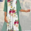Women's Two Piece Dress Set Casual Dress Print Dress Outdoor Daily Fashion Elegant Print Midi Dress Crew Neck 3/4 Length Sleeve Floral Loose Fit Green Summer Spring S M L XL XXL