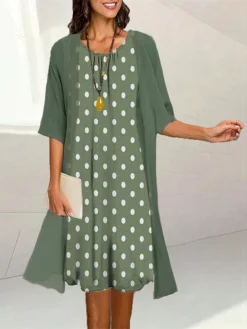 Women's Two Piece Dress Set Casual Dress Print Dress Outdoor Daily Fashion Elegant Print Midi Dress Crew Neck 3/4 Length Sleeve Polka Dot Loose Fit Black Yellow Blue Summer Spring S M L XL XXL