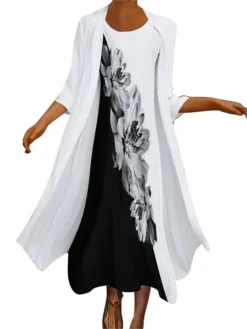 Women's Dress Set Two Piece Dress Long Dress Maxi Dress Black And White Long Sleeve Color Block Print Summer Spring Crew Neck Vacation Winter Dress Fall Dress Loose Fit 2023 S M L XL XXL 3XL 4XL 5XL -Party Prom Dresses Sales Store oroalq1663572159208