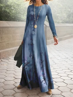 Women's Work Dress Casual Dress A Line Dress Fashion Winter Dress Daily Long Dress Maxi Dress Print Crew Neck Long Sleeve Floral Ombre Regular Fit Blue Fuchsia Green Fall Winter S M L XL XXL -Party Prom Dresses Sales Store orsboo1694490800499