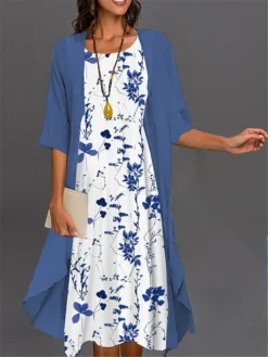 Women's Two Piece Dress Set Casual Dress Print Dress Outdoor Daily Fashion Elegant Print Midi Dress Crew Neck 3/4 Length Sleeve Floral Ombre Loose Fit Pink Dark Pink Blue Summer Spring S M L XL XXL -Party Prom Dresses Sales Store orviaw1688725807307