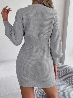 Women's Sweater Dress Winter Dress Jumper Dress Mini Dress Active Pure Color Outdoor Casual Holiday Vacation V Neck Long Sleeve Button 2023 Regular Fit White Pink Green S M L -Party Prom Dresses Sales Store otesgn1696926545903