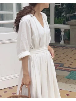 Women's Cotton Linen Dress Loose White Dress Maxi Long Dress Linen Cotton Blend Casual V Neck Puff Sleeve Tie Belt Half Sleeve Summer Spring 2022 Regular Fit Black White Pure Color S M L XL