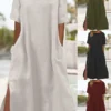 Women's Casual Dress Cotton Linen Dress A Line Dress Maxi Long Dress Cotton Blend Basic Modern Outdoor Daily Crew Neck Pocket Split Short Sleeve Summer Spring 2023 Loose Fit ArmyGreen Black Wine Plain