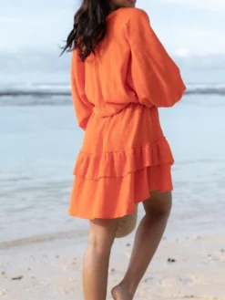 Women's Cotton Linen Dress A Line Dress Loose Dress Mini Dress Linen Cotton Blend Daily Modern Style Daily Holiday Date V Neck Ruffle Button Long Sleeve Spring Fall Autumn 2023 Loose Fit Orange Rose -Party Prom Dresses Sales Store oudjop1697189578243