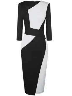 Women's Work Dress Sheath Dress Semi Formal Dress Fashion Midi Dress Patchwork V Neck 3/4 Length Sleeve Color Block Regular Fit Black Red Navy Blue Fall Winter S M L XL XXL -Party Prom Dresses Sales Store ouesvp1692610644551