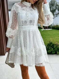 Women's Party Dress Lace Dress Homecoming Dress Mini Dress Black White Long Sleeve Pure Color Lace Summer Spring Fall Stand Collar Fashion Wedding Guest Birthday Vacation Slim 2023 S M L XL -Party Prom Dresses Sales Store ouhnbu1681263746922
