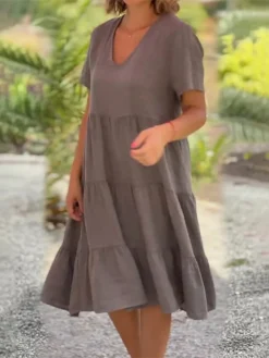 Women's Casual Dress Cotton Linen Dress Swing Dress Midi Dress Linen Cotton Blend Daily Modern Outdoor Daily Holiday V Neck Ruched Ruffle Short Sleeve Summer Spring 2023 Loose Fit Light Blue Rose Red -Party Prom Dresses Sales Store ouidog1686559476246