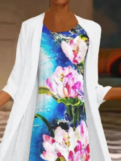 Women's Two Piece Dress Set Casual Dress Chiffon Dress Outdoor Office Fashion Casual Print Midi Dress Crew Neck 3/4 Length Sleeve Floral Loose Fit Blue Green Summer Spring M L XL XXL 3XL -Party Prom Dresses Sales Store oujtzn1680257464070