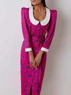 Women's Work Dress Casual Dress Shift Dress Fashion Winter Dress Daily Midi Dress Lace Up Patchwork Shirt Collar Long Sleeve Floral Color Block Regular Fit Pink Red Fall Winter S M L -Party Prom Dresses Sales Store oujycv1695645258560