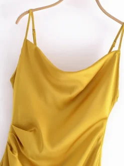 Women's Prom Dress Party Dress Satin Dress Midi Dress Yellow Pink Sleeveless Pure Color Ruched Fall Winter Autumn Spaghetti Strap Fashion Evening Party Vacation 2023 S M L -Party Prom Dresses Sales Store oularj1695268635244