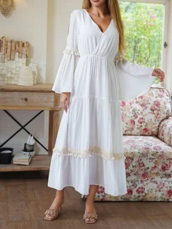 Women's Party Dress Cocktail Dress Wedding Guest Dress Midi Dress White Long Sleeve Pure Color Tassel Fringe Fall Winter Autumn V Neck Fashion Birthday Wedding Guest Vacation 2023 S M L XL -Party Prom Dresses Sales Store oupijz1693983146291