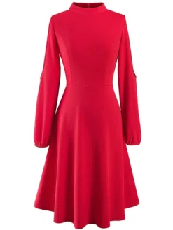 Women's Work Dress Semi Formal Dress A Line Dress Fashion Midi Dress Hollow Out Crew Neck Long Sleeve Plain Regular Fit Black Red Fall Winter S M L XL XXL -Party Prom Dresses Sales Store ovcfkn1692603043339